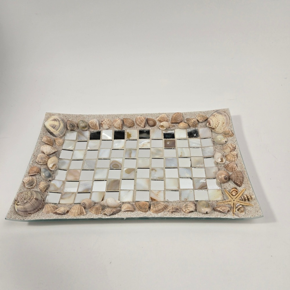 Coastal Glass Vanity Tray Seashell Pearl Mosaic Mirror Beach Nautical Decor